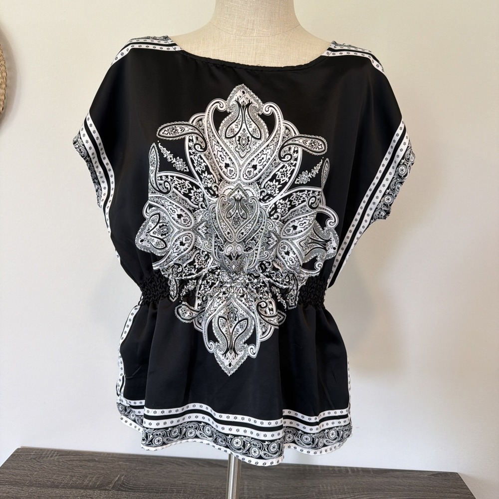 Studio Y Black White Paisley Print Smocked Waist Tunic Top Women's Large Y2K 90s
